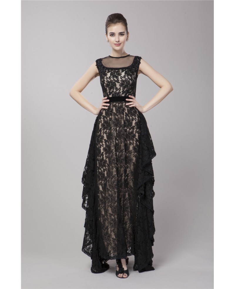 Fashionable Black Lace Long Eveing Dress With Ruffle