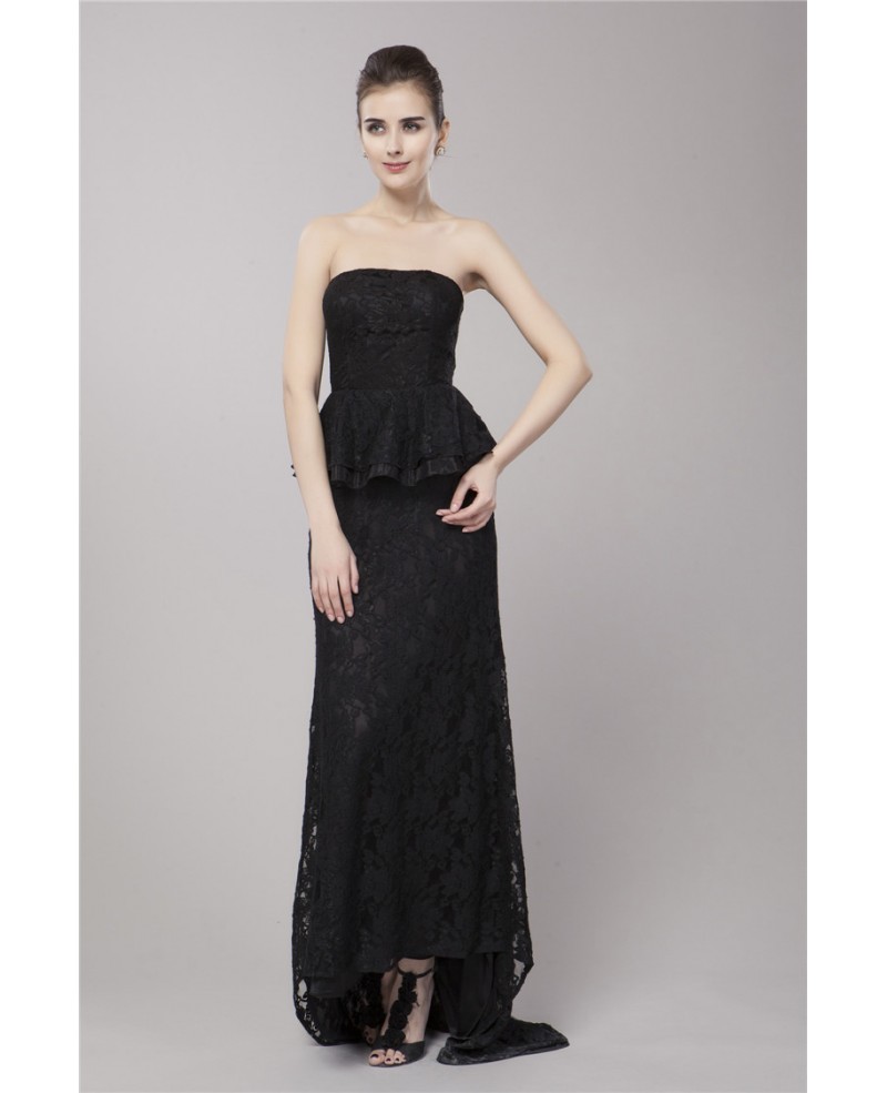 Elegant Black Strapless Lace Long Evening Dress With Sweep Train