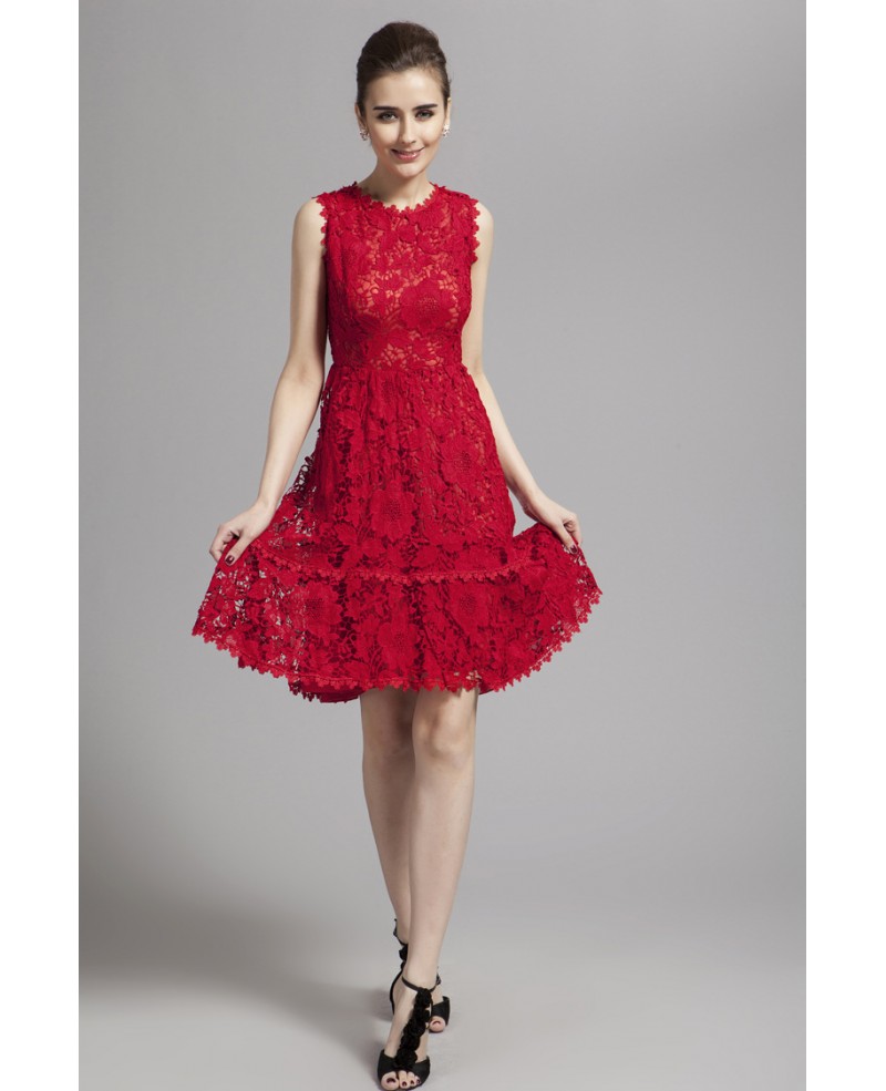 Delicate A-Lline Red Lace Knee-Length Formal Dress