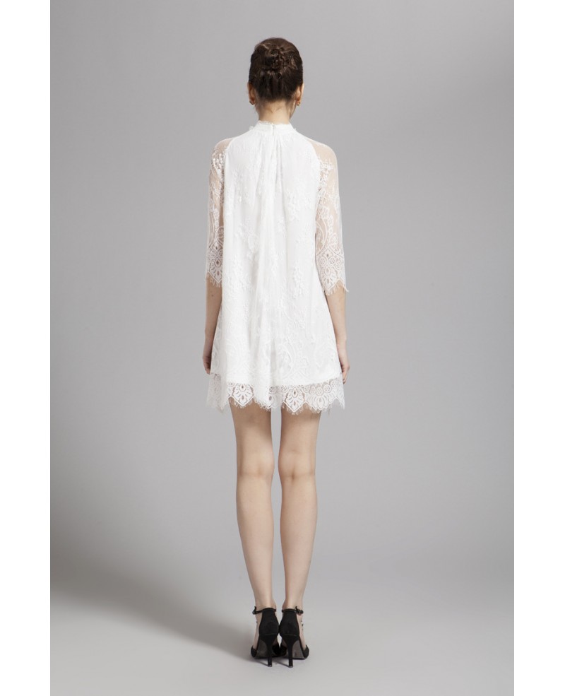 White High Neck Mini Dress with Lace Sleeves