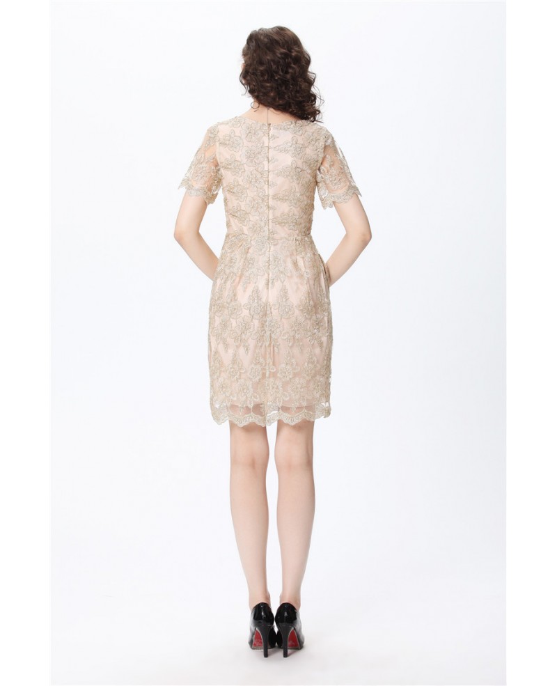 Full Lace Short Sleeved Vintage Champagne Cocktail Dress - Click Image to Close