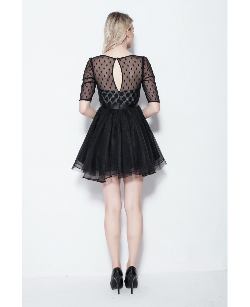 Unique Dotted Sleeves Cocktail Tulle Black Dress