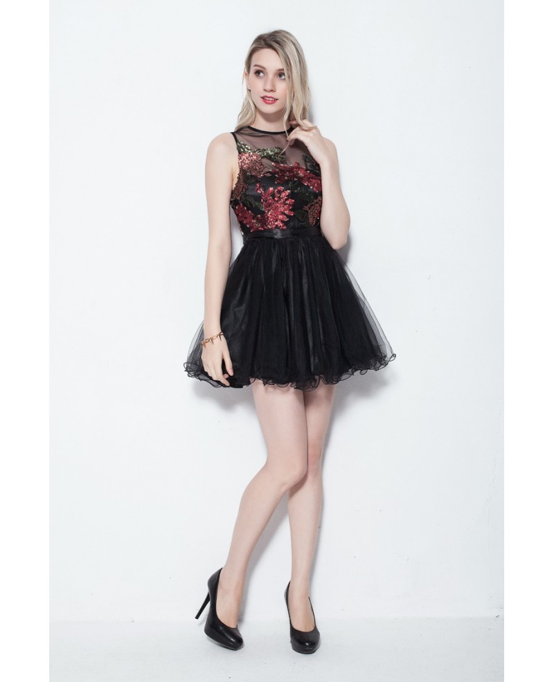 Sequin Embroidered Black Tulle Cocktail Dresses - Click Image to Close