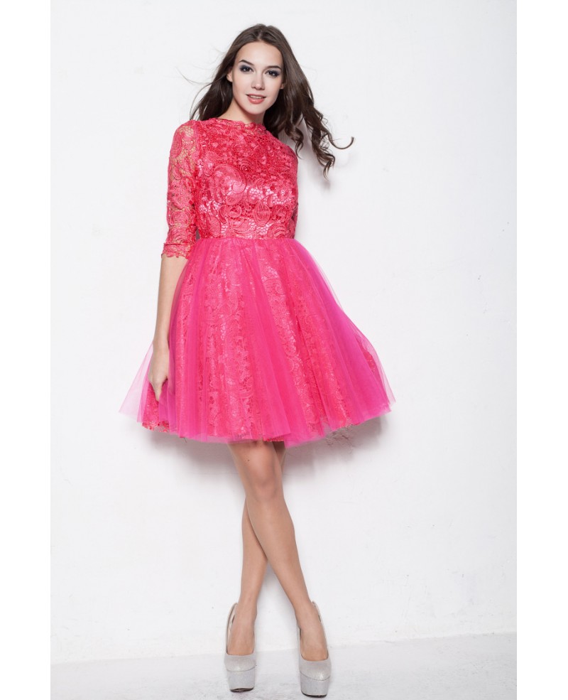Modest Long Lace Sleeves Tulle Fuschia Homecoming Dresses in Cocktail Length - Click Image to Close
