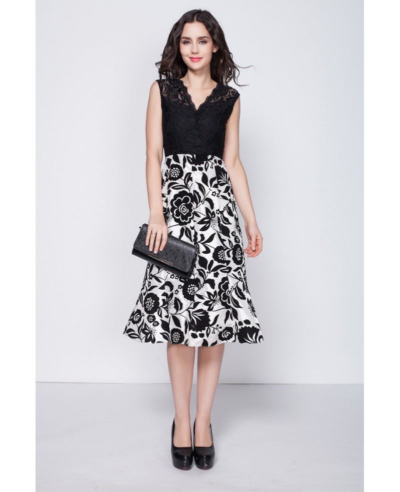 Trendy Black and White Lace Printed Dresses in Tea Length