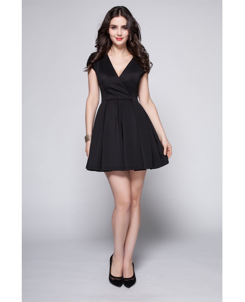 Little Black Vneck Short Sleeved Casual Party Dress - Click Image to Close