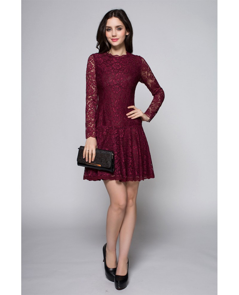 Cute Purple Long Lace Sleeves High Neck Short Dress