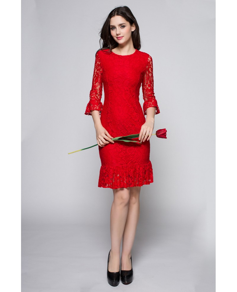 Romantic Rose Red Three Quarter Lace Sleeve Dress
