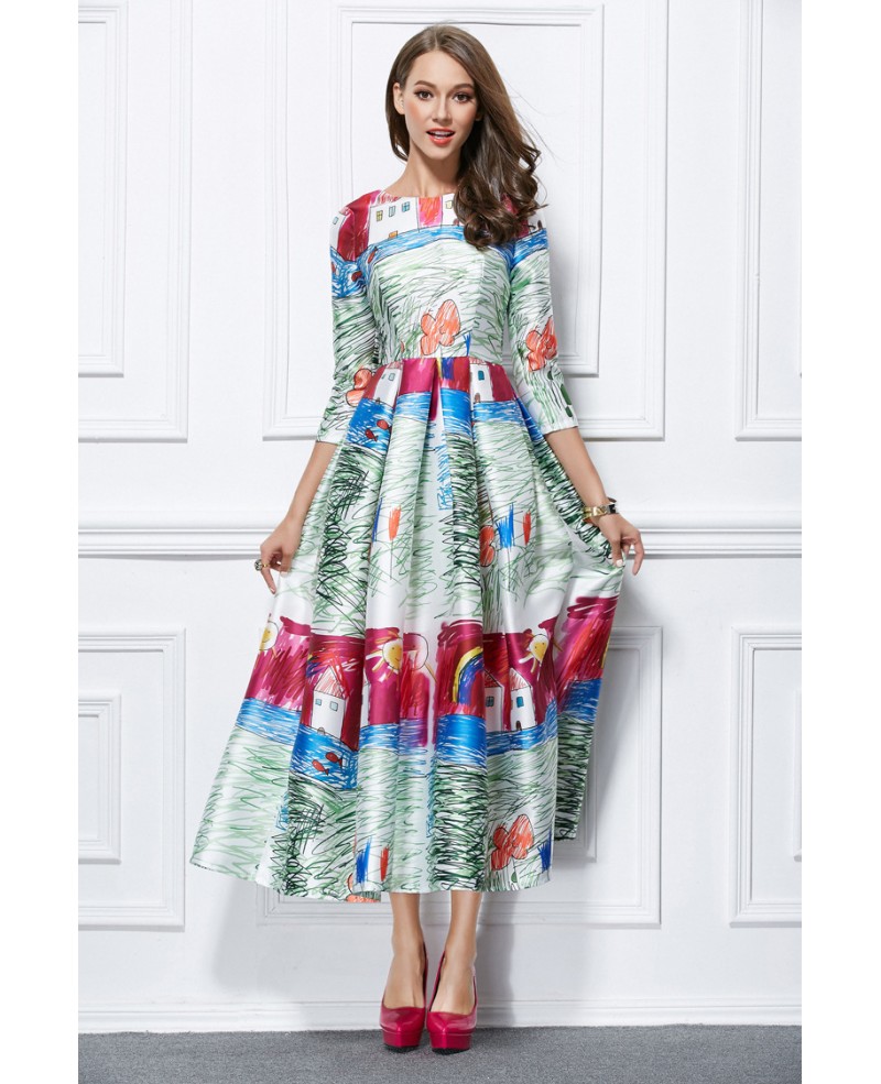 Lovely A-Line Printed Tea-LengthDress With Sleeves