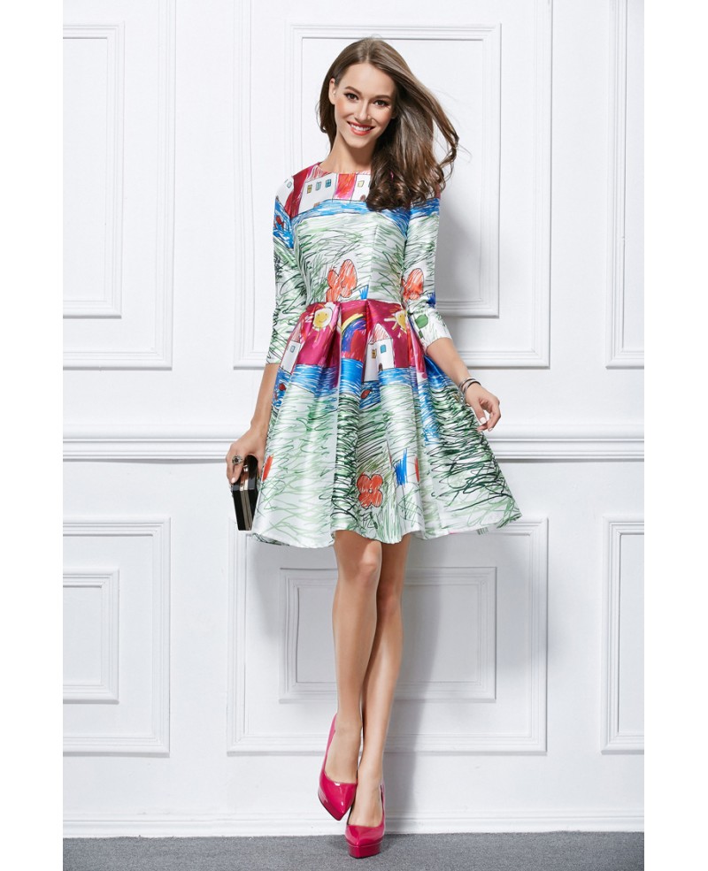 Lovely A-Line Printed Short Party Dress With Sleeves