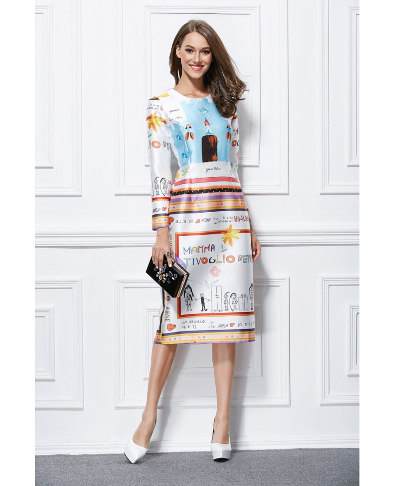 Lovely Printed Tea-Length Polyster Wedidng Geust Dress With Sleeves