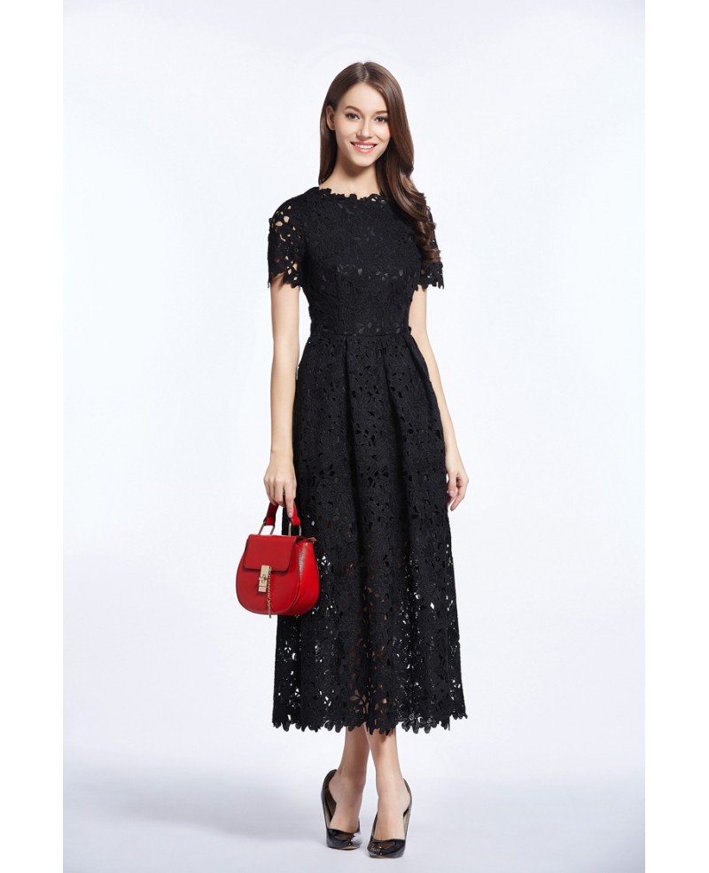 Vintage A-Line Lace Ankle Length Dress With Short Sleeves