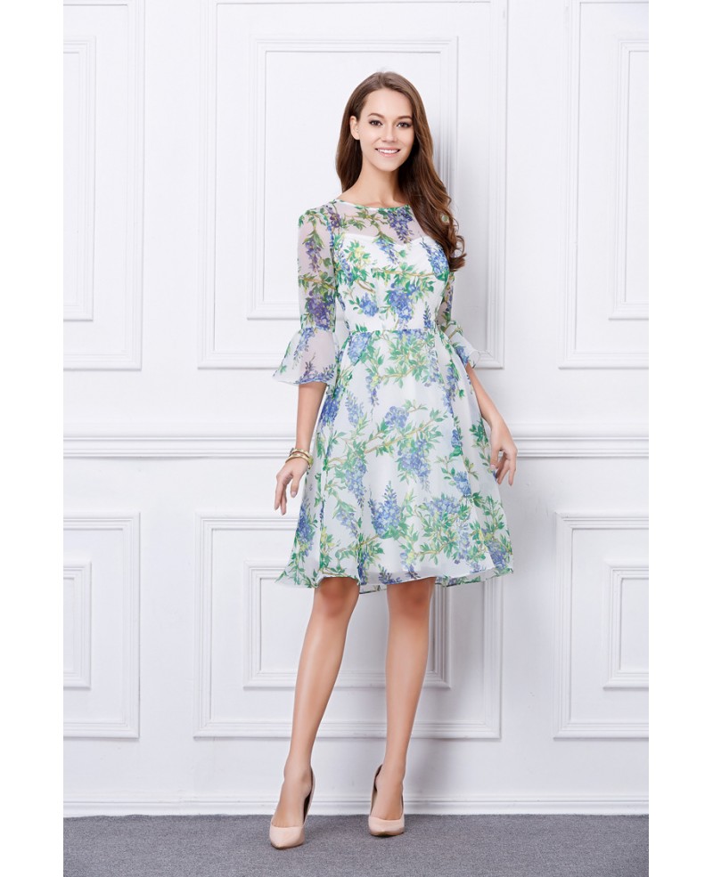 Summer Floral Printe A-Line Chiffon Knee-Length Wedding Guest Dress