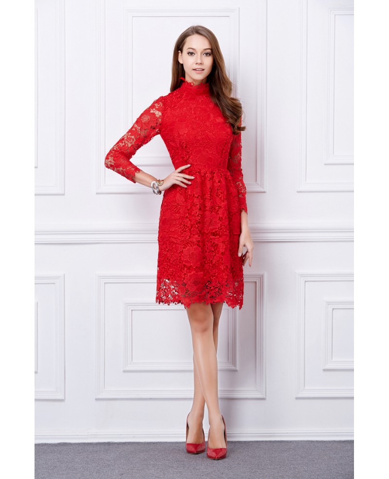 Elegant High Neck Lace Short Formal Dress With Sleeves - Click Image to Close