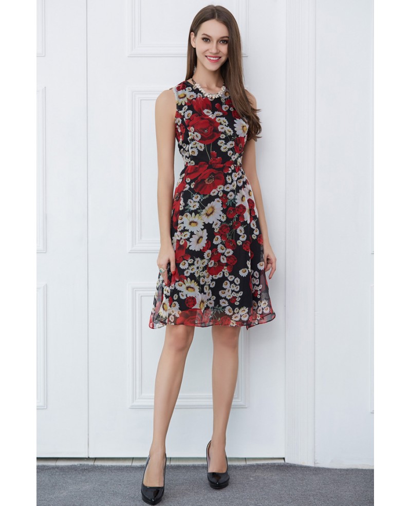 Summer Floral Print Chiffon Knee-Length Wedding Guest Dress