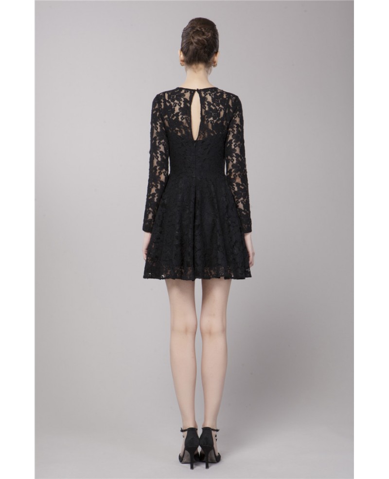Long Black Lace Sleeve Mini Dress Black - Click Image to Close
