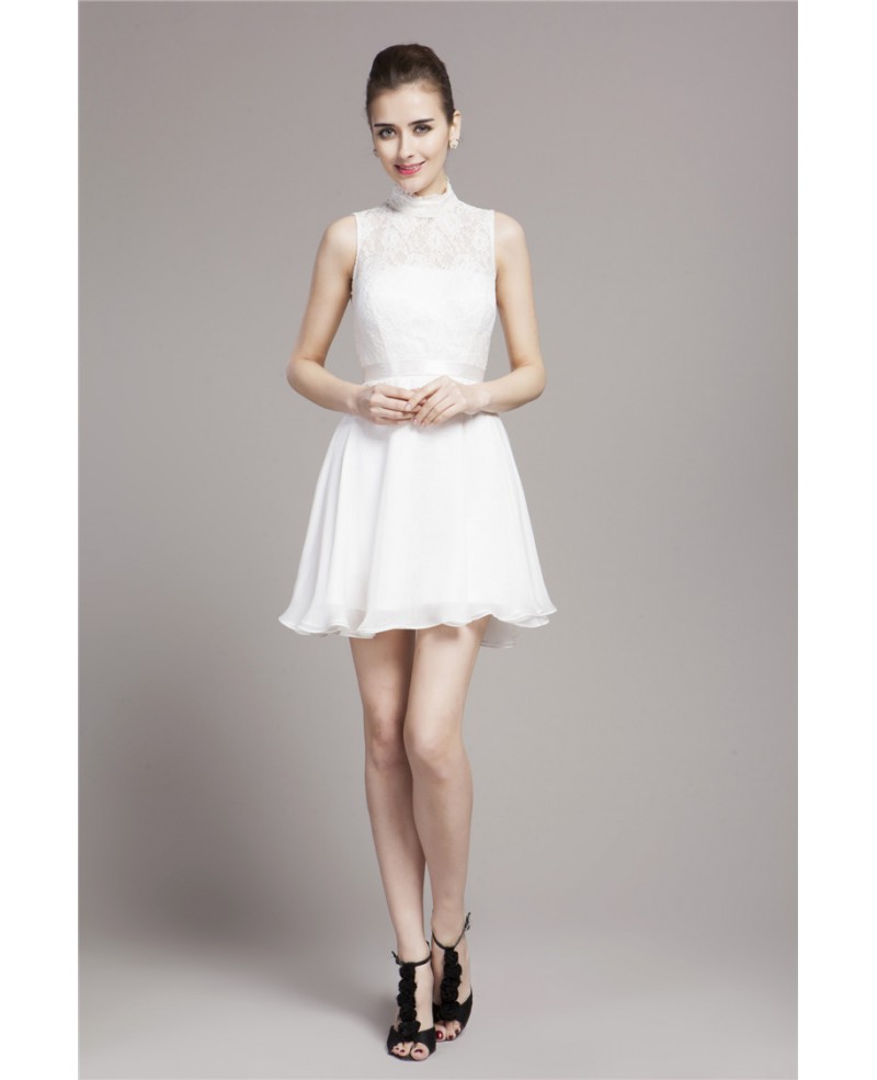 Short A-Line High-neck Chiffon Lace Bridesmaid Dress - Click Image to Close