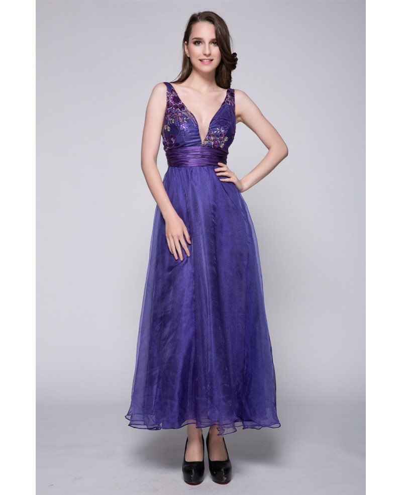 Sexy A-Line V-neck Tulle Ankel-Length Dress With Beading - Click Image to Close