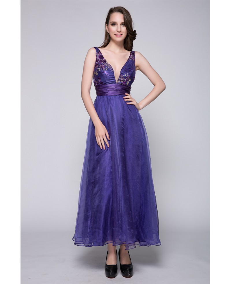 Sexy A-Line V-neck Tulle Ankel-Length Dress With Beading