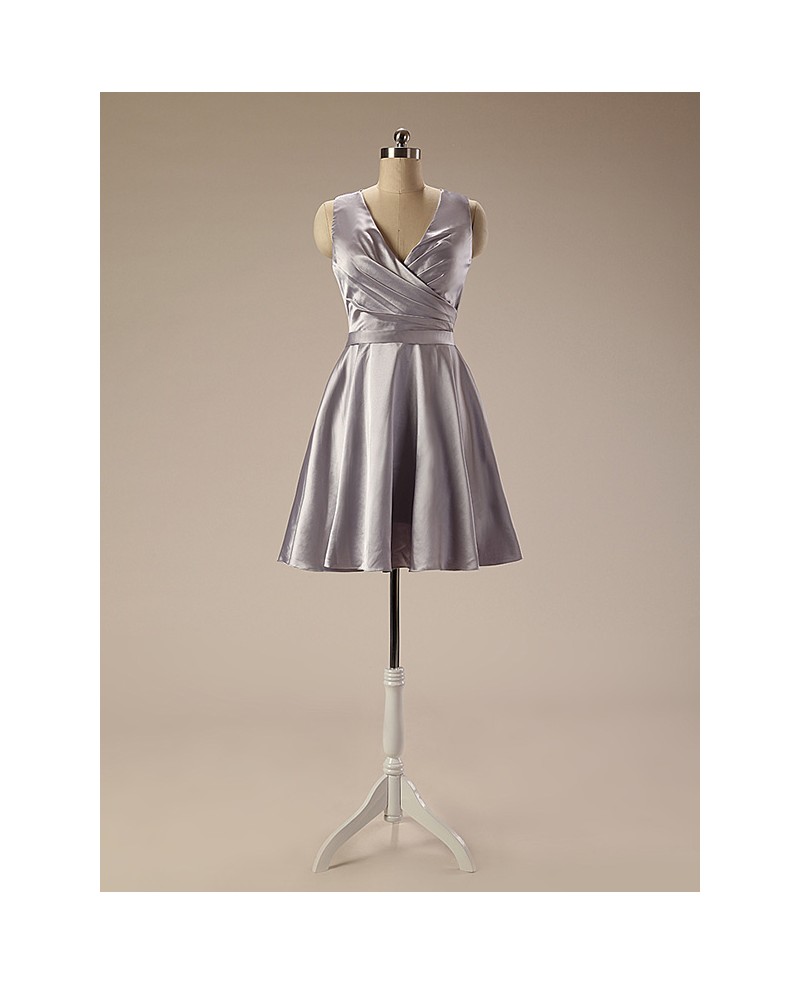 A-Line V-neck Short Satin Prom Dress With Ruffles - Click Image to Close