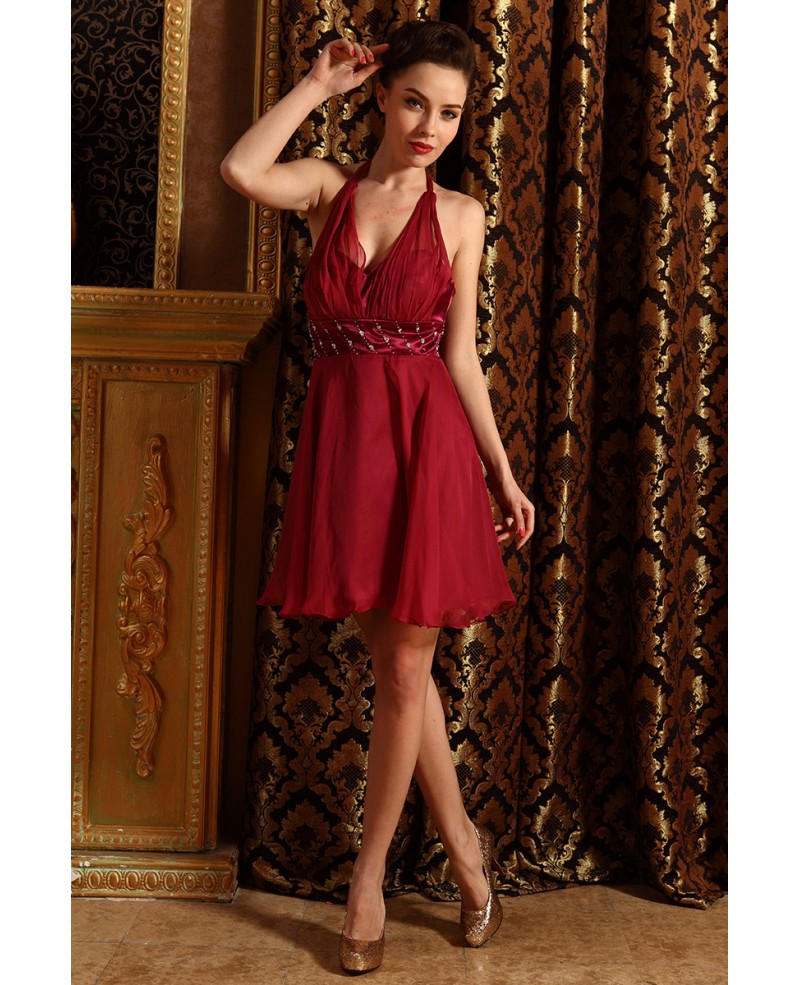 A-line Halter Chiffon Short Bridesmaid Dresses With Beading