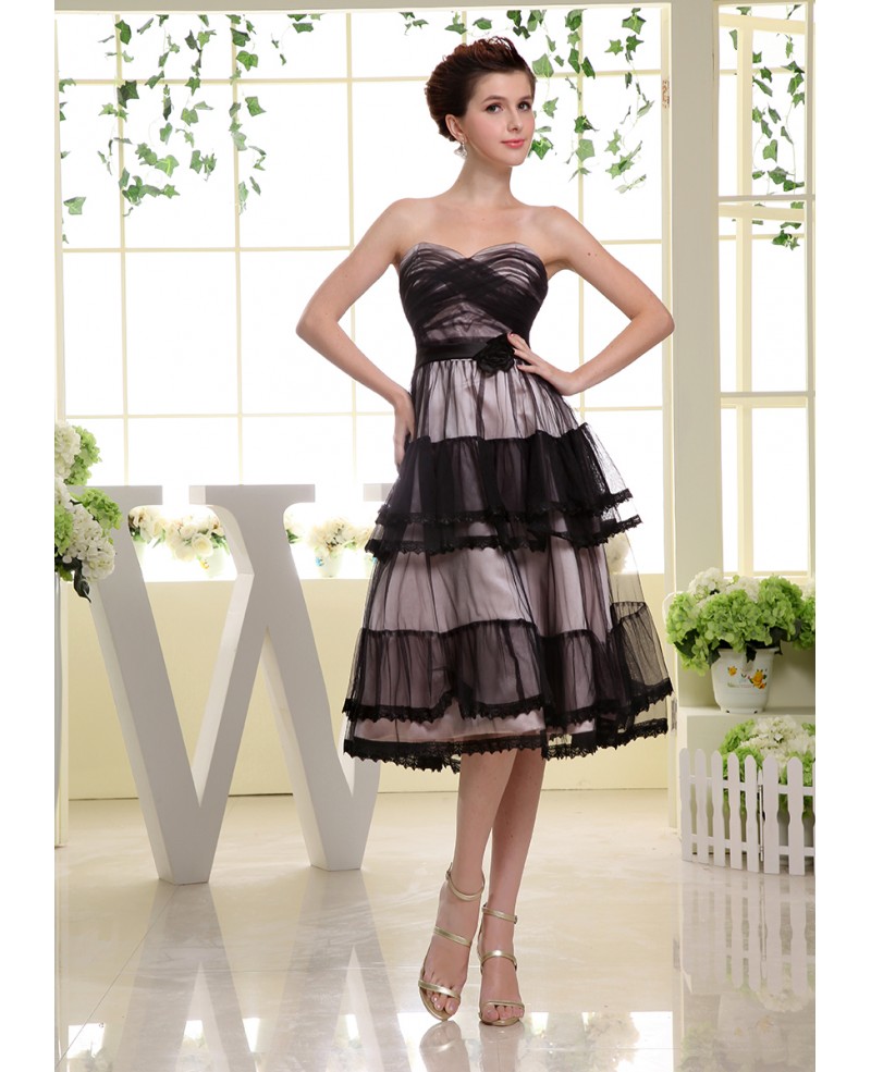 A-line Sweetheart Tea-length Tulle Wedding Guest Dress