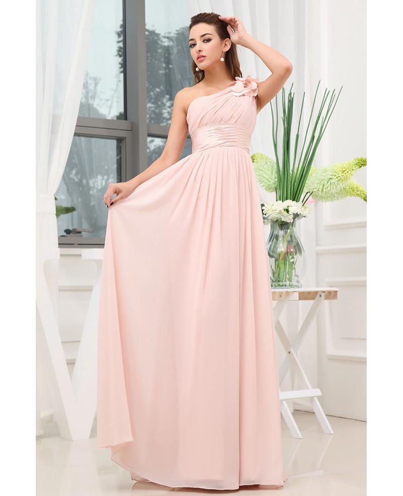 A-line One-shoulder Floor-length Chiffon Bridesmaid Dress - Click Image to Close