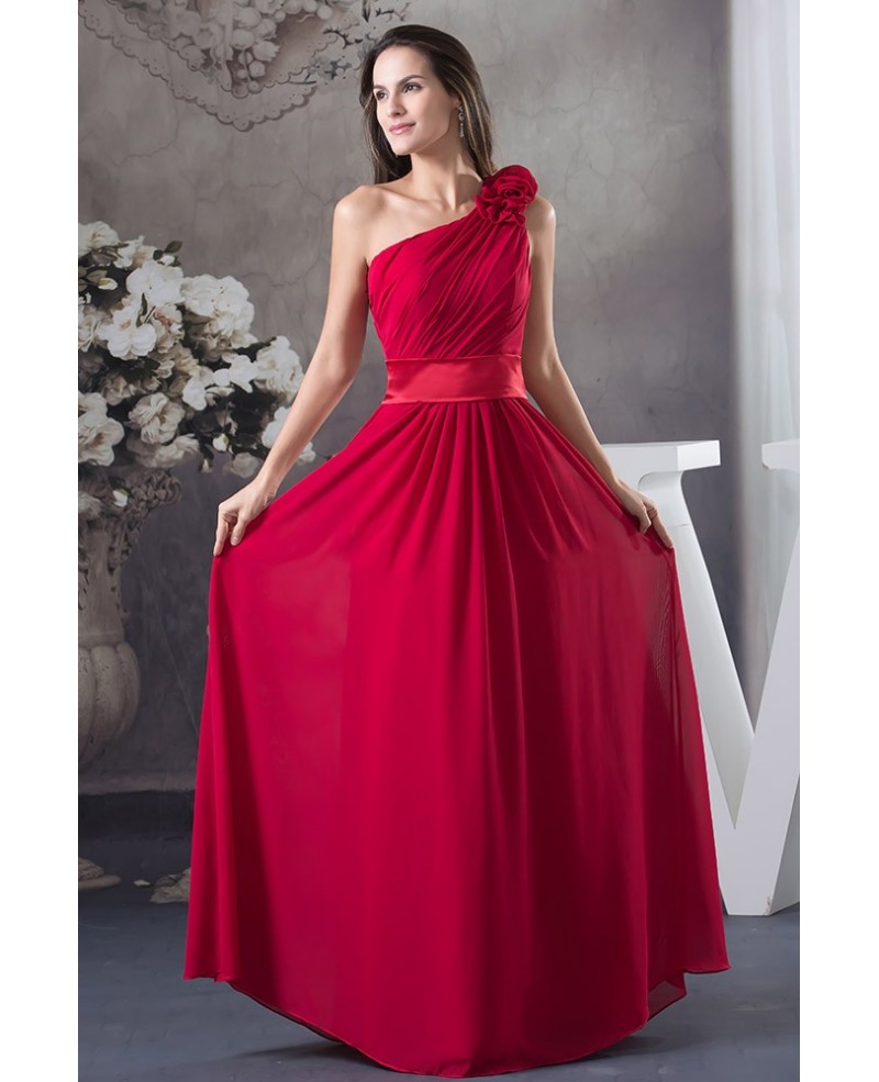 A-line One-shoulder Floor-length Chiffon Bridesmaid Dress - Click Image to Close