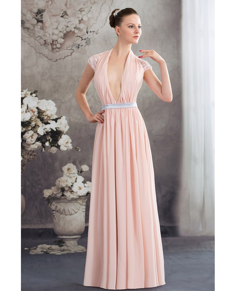 A-line V-neck Floor-length Chiffon Evening Dress