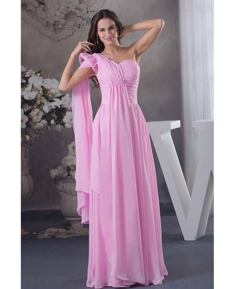 Pink A-line One-shoulder Floor-length Chiffon Evening Prom Dress - Click Image to Close