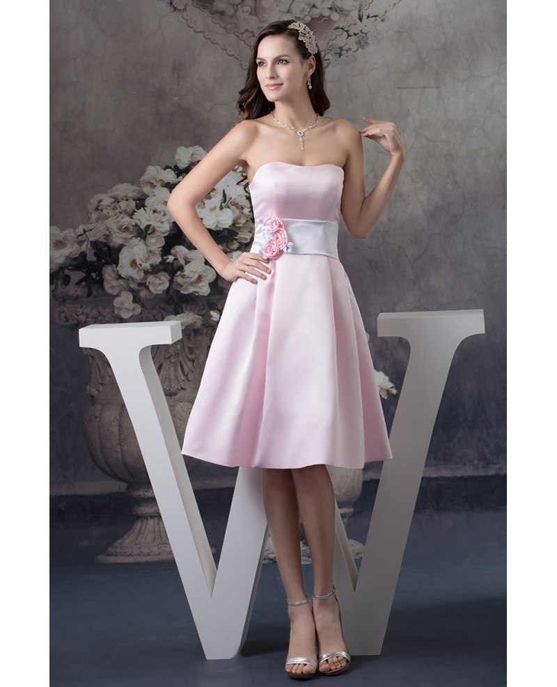 A-line Strapless Knee-length Satin Dress With Flowers