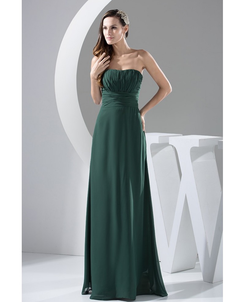 Dark Green Strapless Pleated Long Chiffon Bridesmaid Dress - Click Image to Close