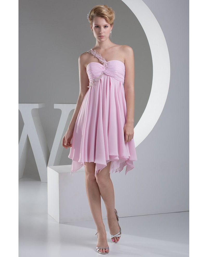 A-line One-shoulder Knee-length Chiffon Homecoming Dress With Beading - Click Image to Close
