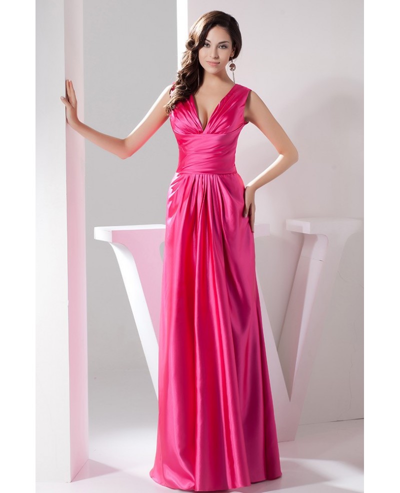 Fuschia Sexy V-neck Floor-length Satin Evening Dress - Click Image to Close