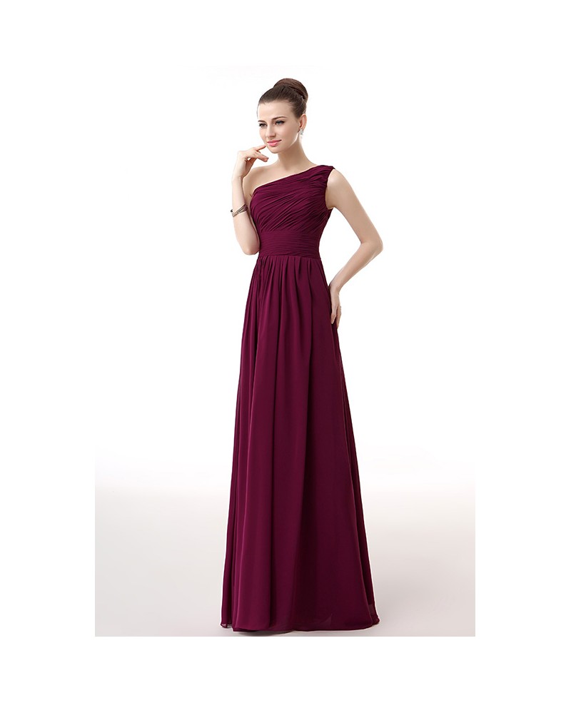 A-Line One-Shoulder Floor-Length Chiffon Bridesmaid Dress With Ruffle - Click Image to Close