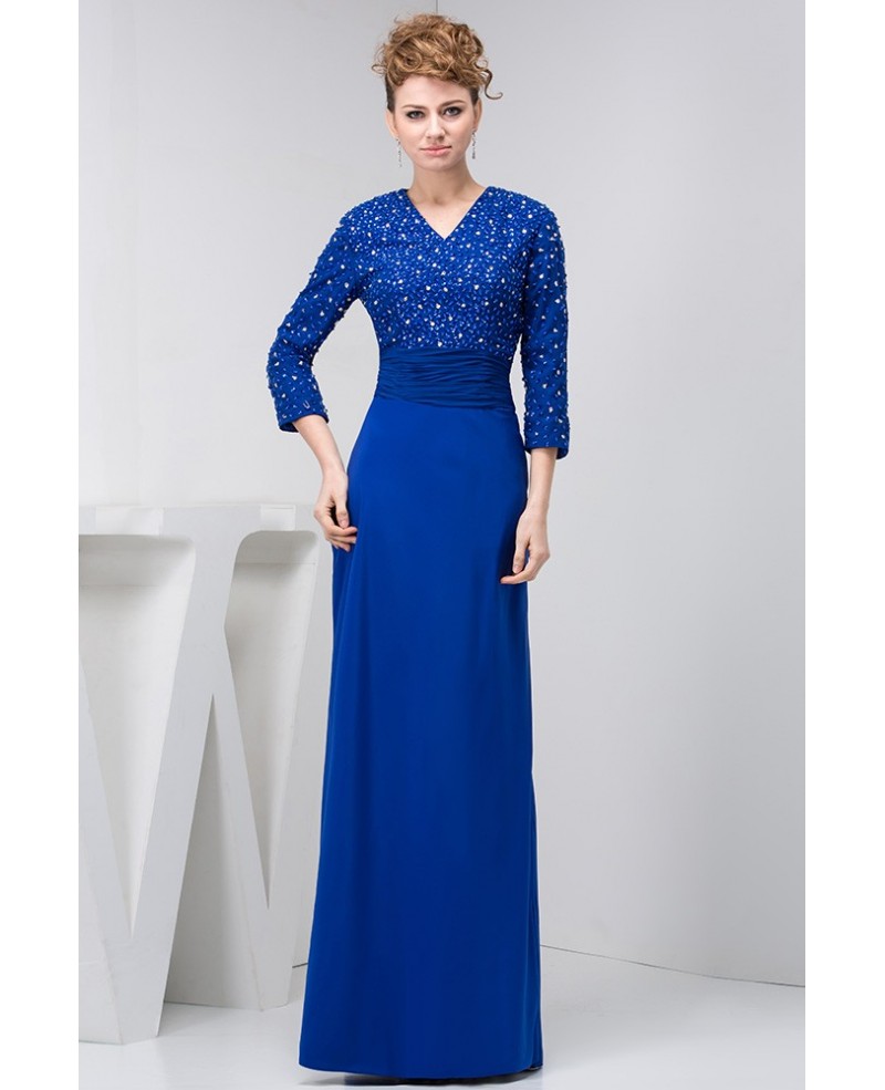 A-line V-neck Floor-length Satin Mother of the Bride Dress With Beading - Click Image to Close