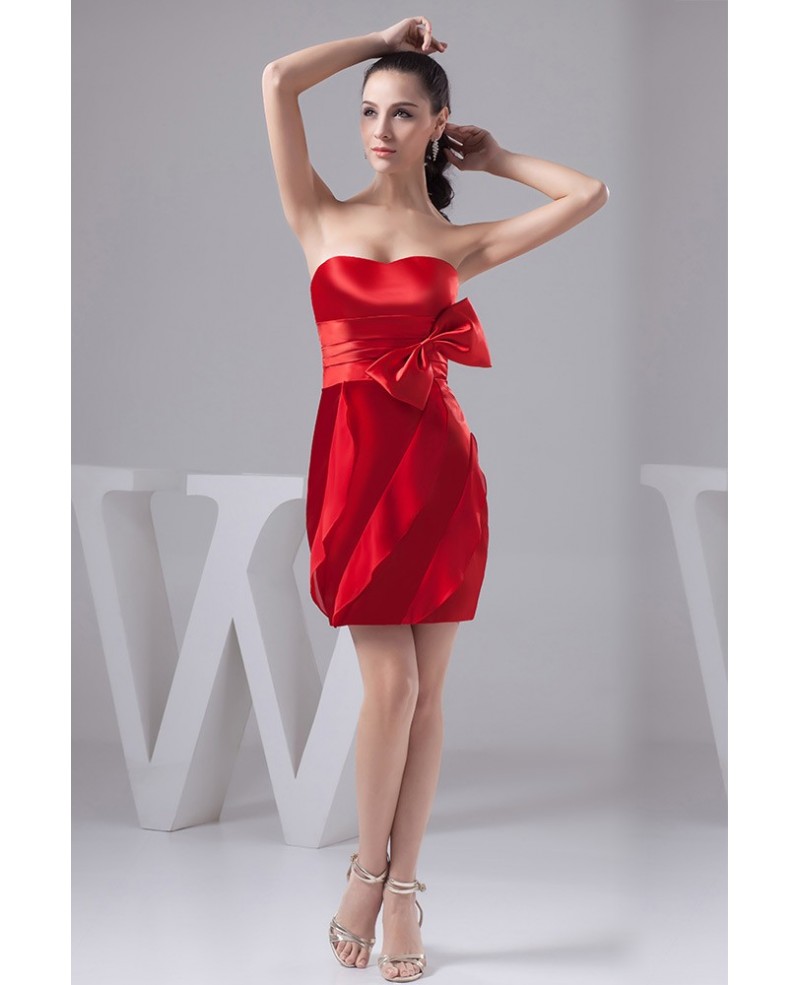 Sexy Red Short Satin Sheath Bridesmaid Dress With Bow