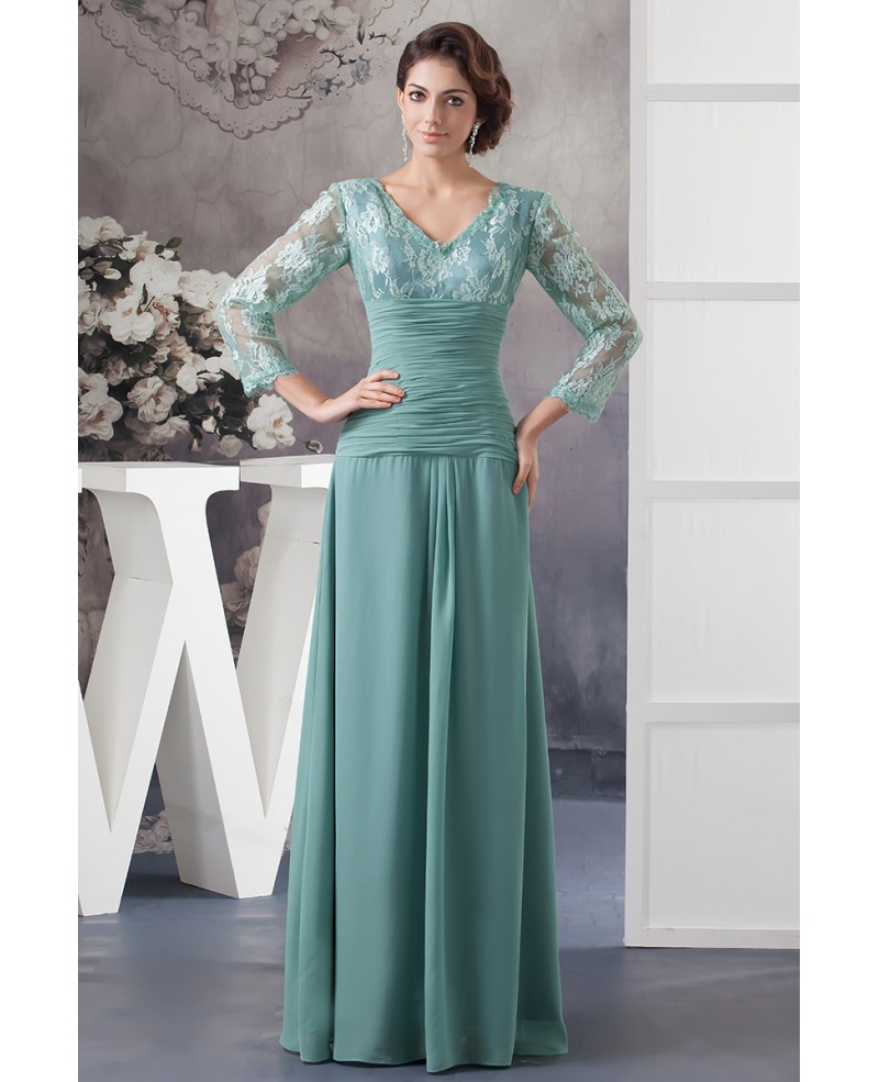 A-line V-neck Floor-length Lace Chiffon Mother of the Bride Dress