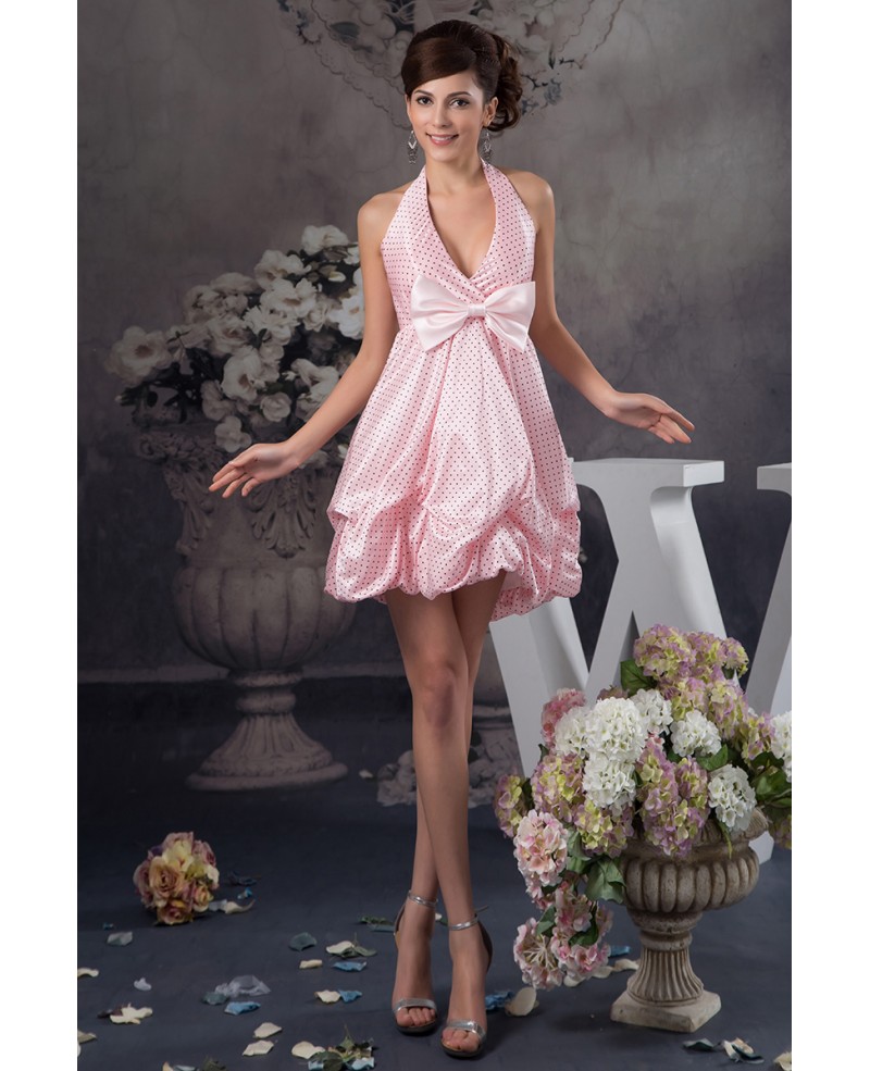 A-line Halter Short Satin Dress With Bow - Click Image to Close