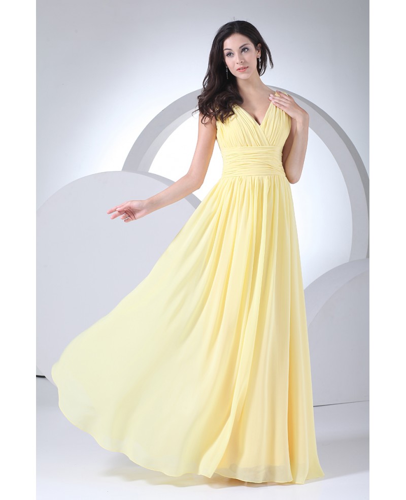 Yellow V-neck Pleated Long Chiffon Bridesmaid Dress - Click Image to Close