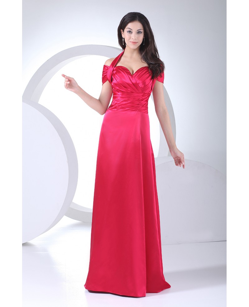 Fuschia Halter Long Pleated Satin Bridesmaid Dress - Click Image to Close