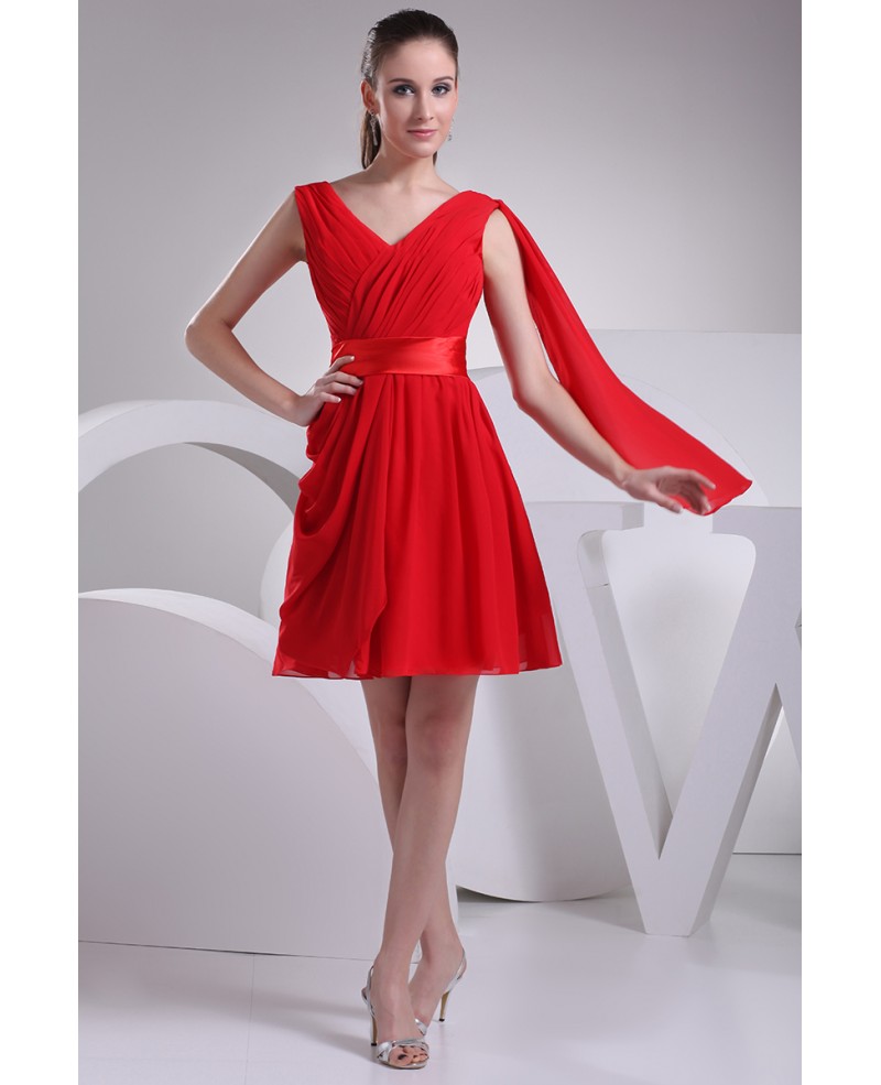 Red Pleated Chiffon Short Bridesmaid Dress with Sash - Click Image to Close