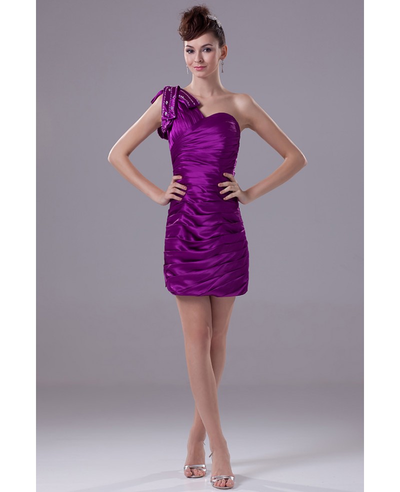 Purple Mini Short Pleated Party Dress One Shoulder
