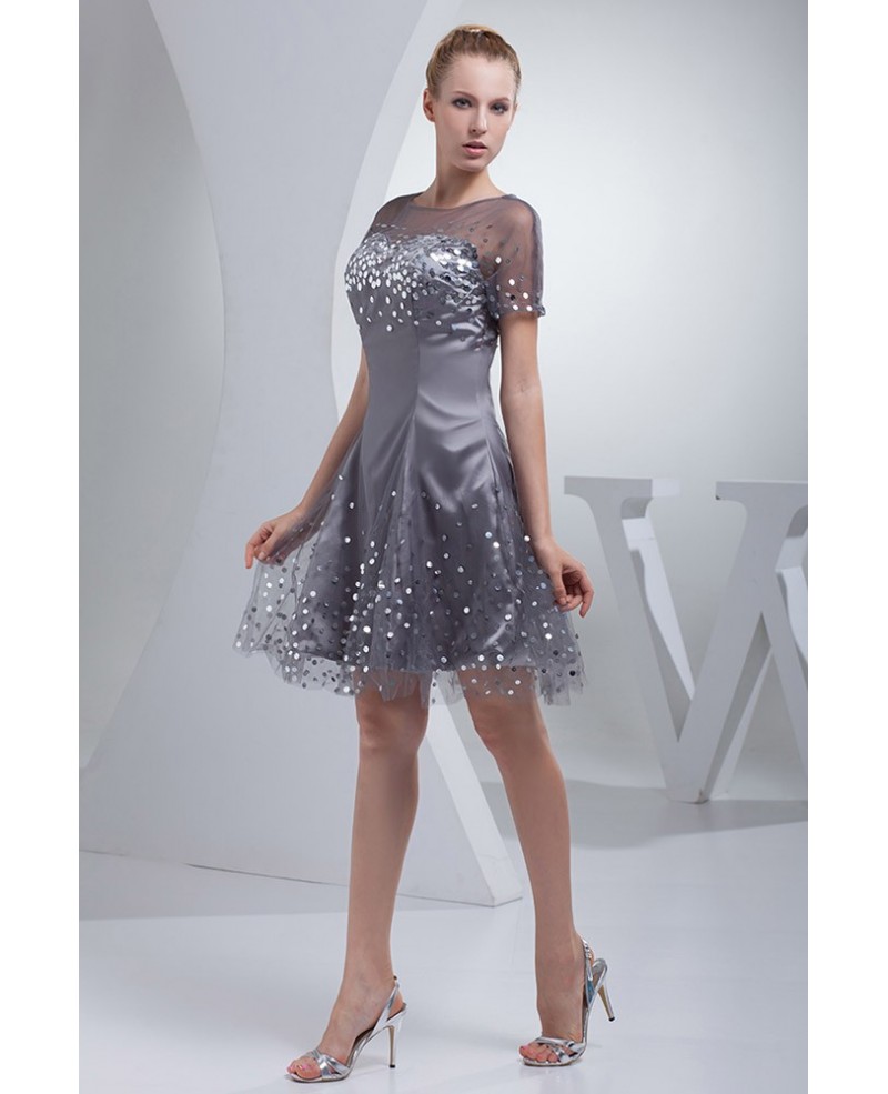 Silver Satin Sequins On Tulle Prom Dress with Sleeves