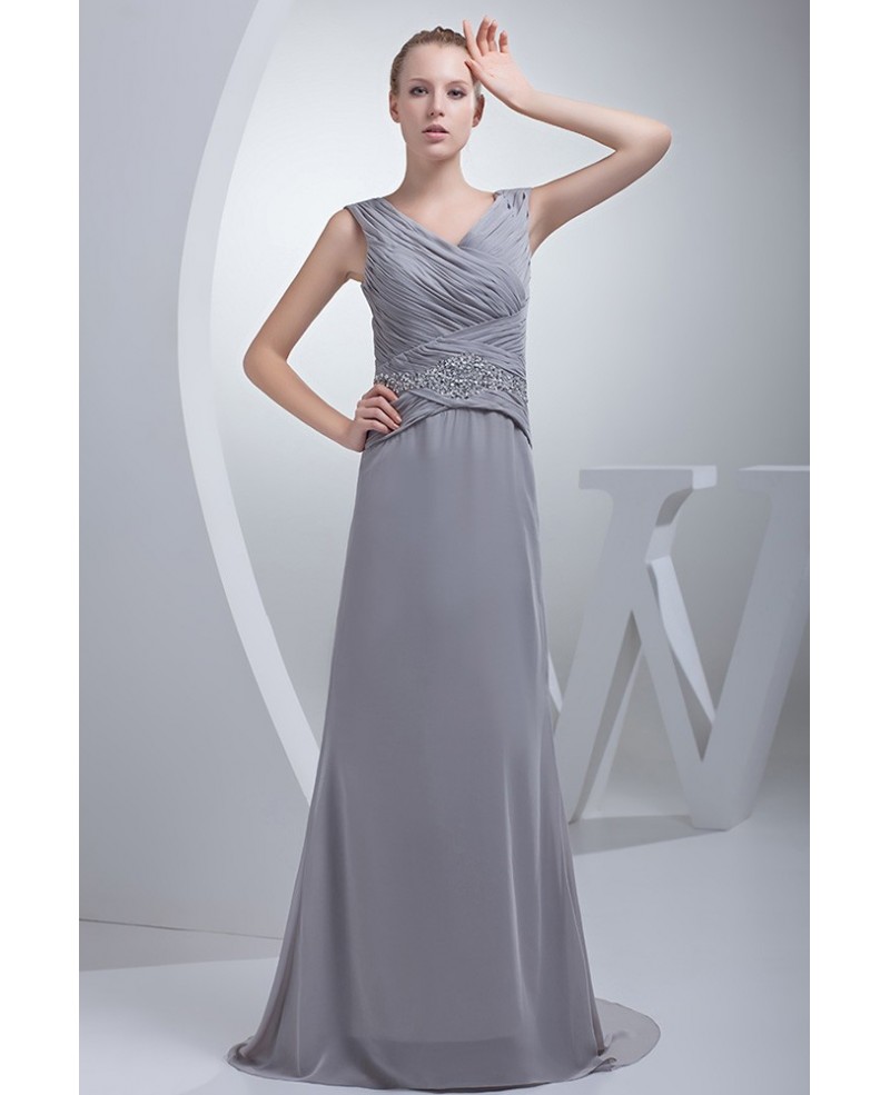 Silver Cross Pleated Long Chiffon Bridesmaid Dress