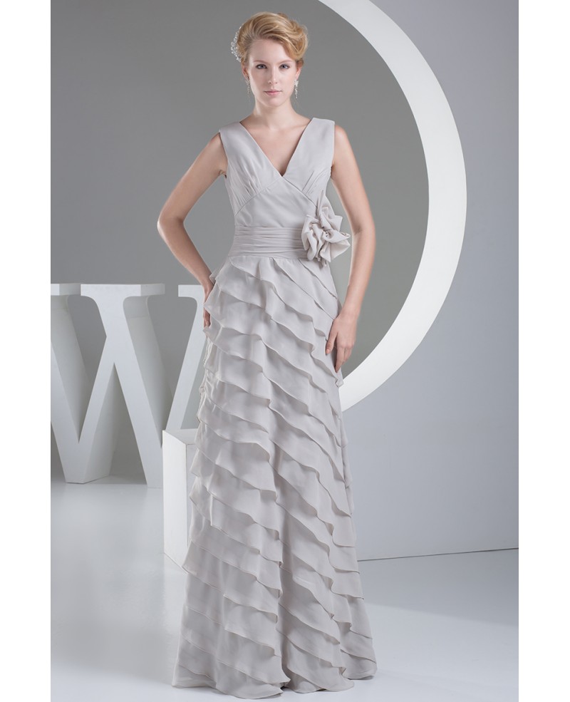 Light Grey V-neck Cascading Ruffles Formal Occasion Dress - Click Image to Close