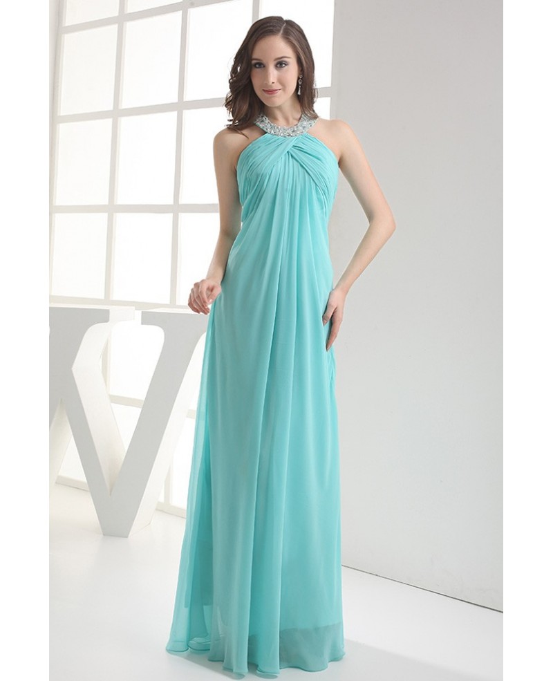 Sequined Long Halter Pool Blue Chiffon Bridal Party Dress