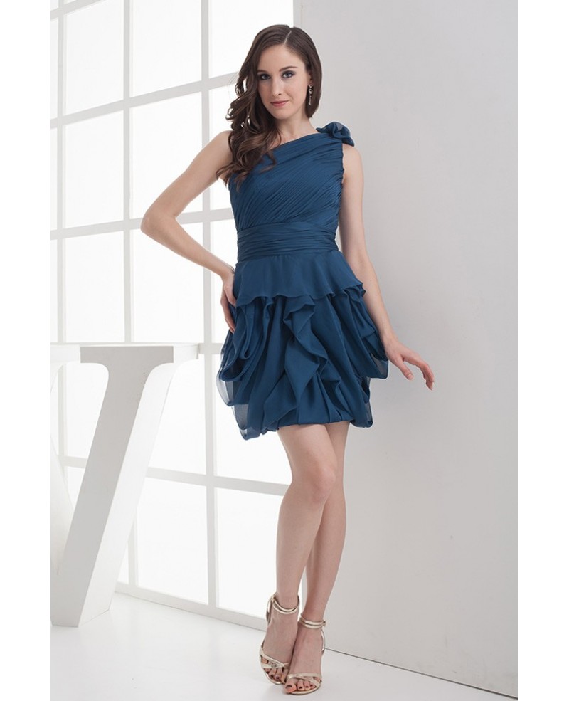 Ink Blue One Strap Ruffled Short Bridal Party Dress