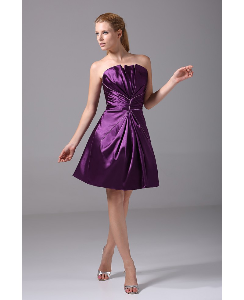 Purple Satin Pleated Short Bridesmaid Dress Strapless - Click Image to Close