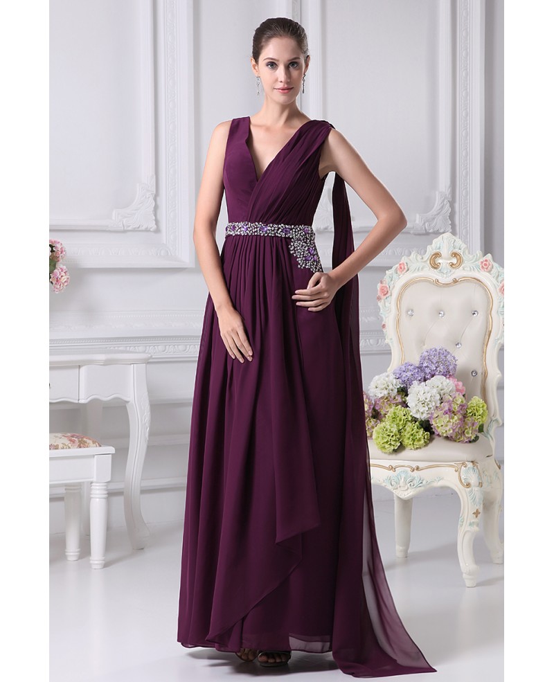 Deep V Beading Waist Grape Chiffon Bridal Party Dress in Floor Length